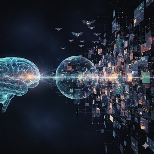 A digital illustration of a brain connected to a glowing network of data and drones, representing anticipatory intelligence.